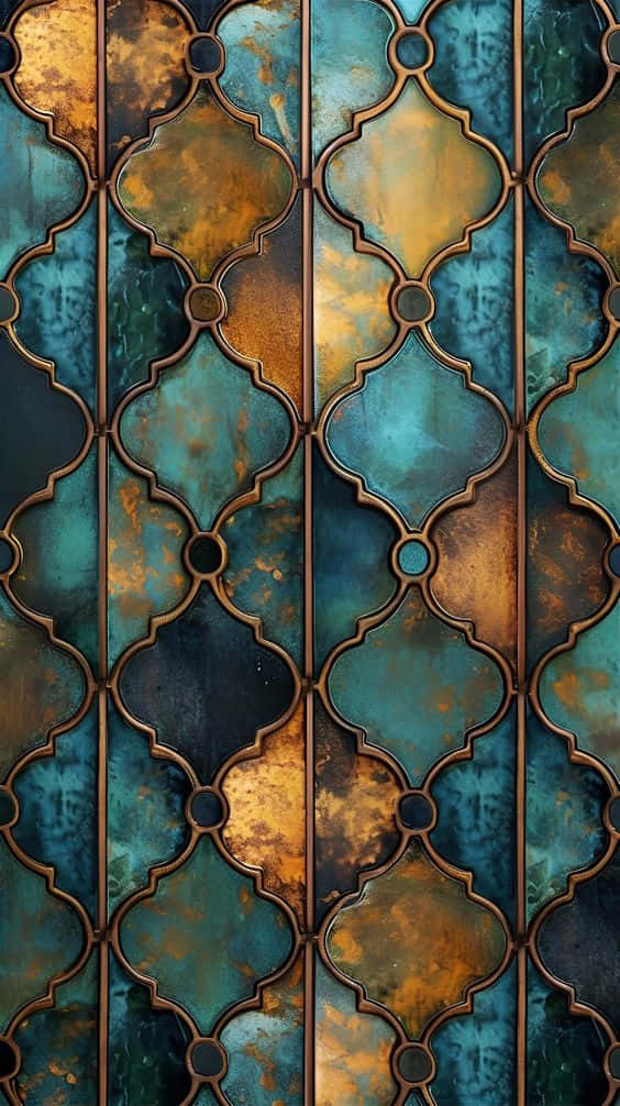 teal gold patterned wall panel, turquoise and gold patina, repeating quatrefoil pattern, SD Phone Wallpaper