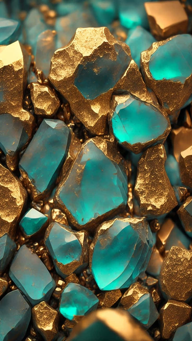 teal gemstones, gold ore, faceted turquoise crystals, HD Phone Wallpaper