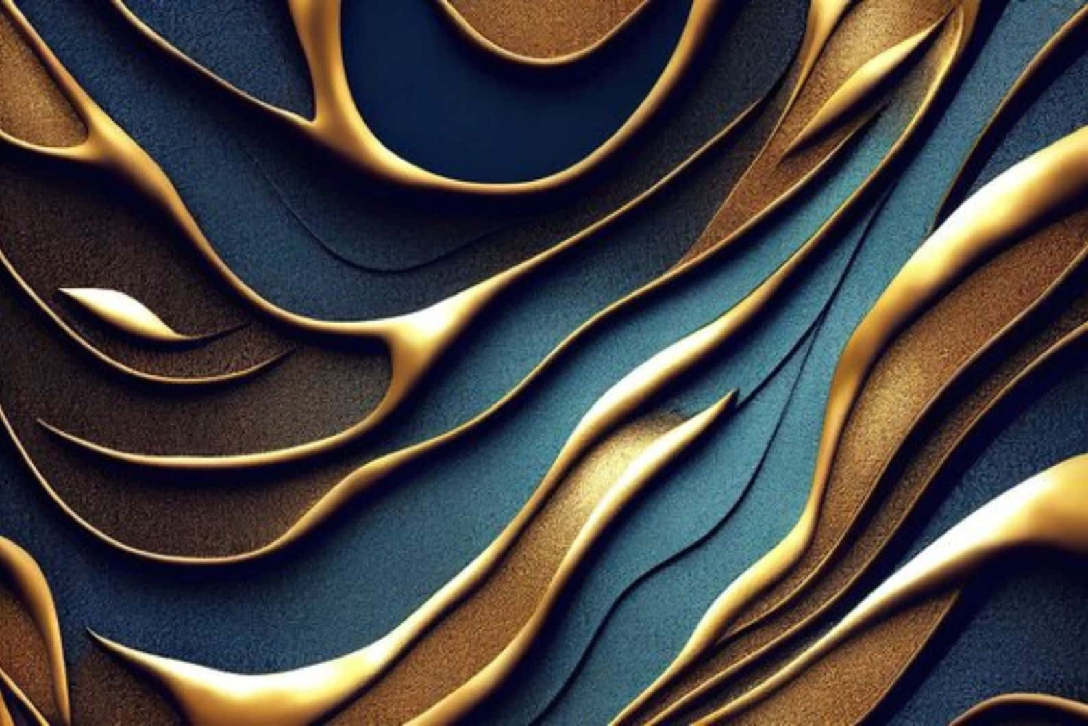 Teal Gold Abstract Art, golden wavy ribbons, deep blue textured surface, HD Desktop Wallpaper