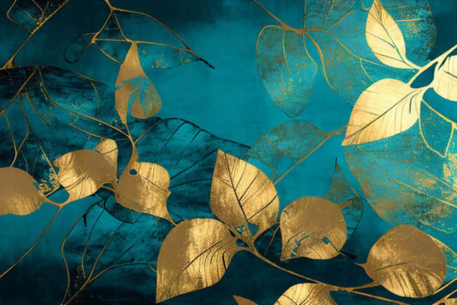 Teal Gold Leaves Artwork, golden leaves, intricate veins, HD Desktop Wallpaper