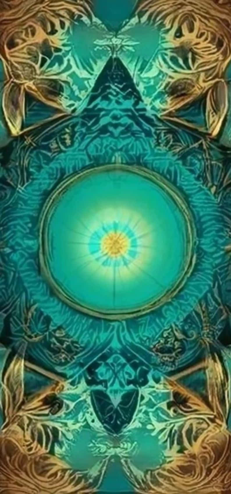 Teal Gold Mandala Art, glowing teal center, golden ornate patterns, HD Phone Wallpaper