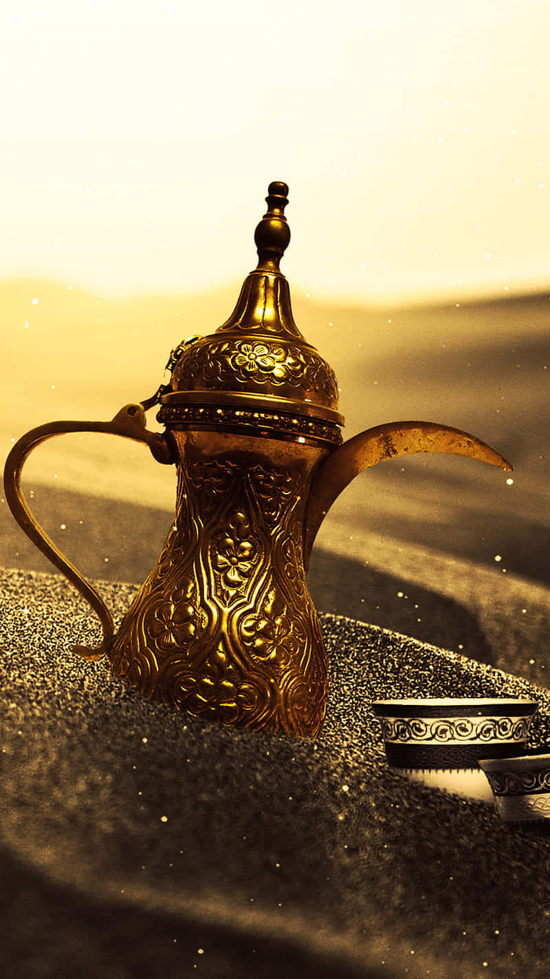 Arabic coffee pot, golden, textured sand, HD Phone Wallpaper