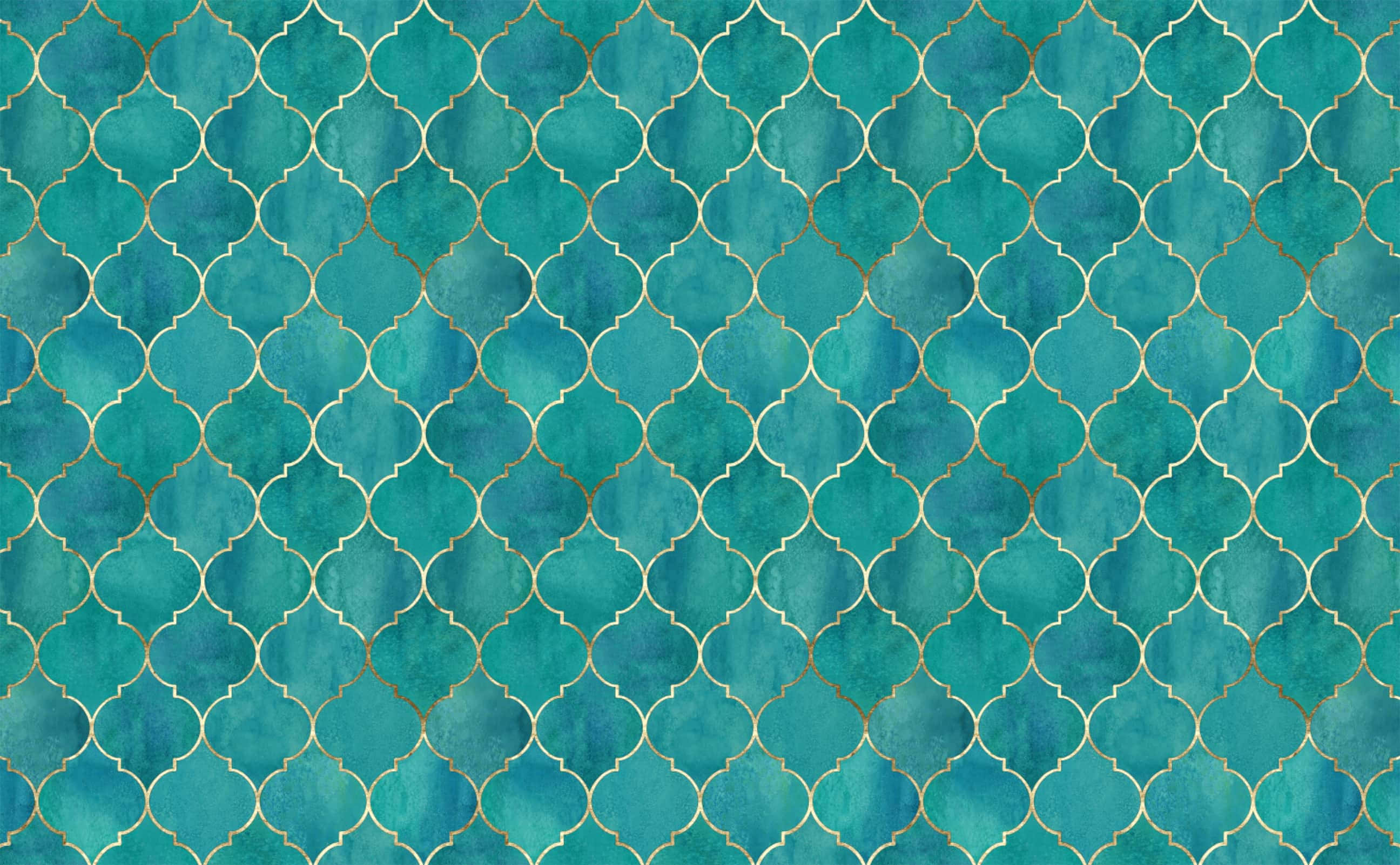 teal blue, Moroccan quatrefoil patterns, watercolor-style, 2K Desktop Wallpaper