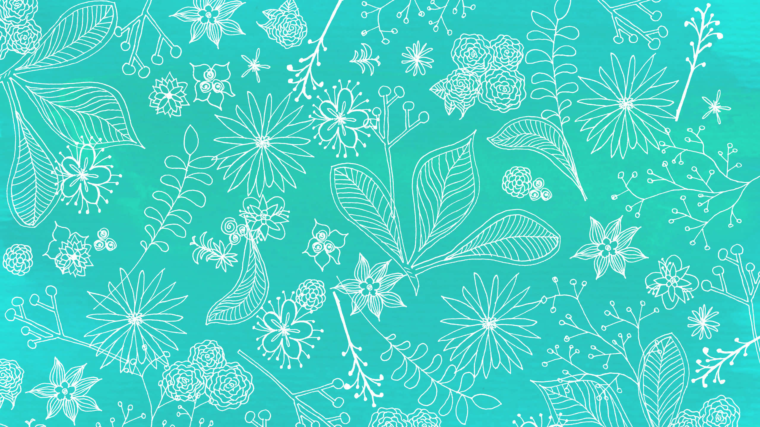 teal blue skies, white line-drawn flowers, white line-drawn leaves, 2K Desktop Wallpaper