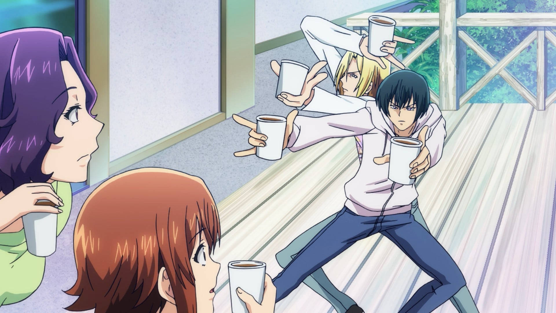 Grand Blue Oolong Tea, anime characters, wooden deck, Full HD Desktop Wallpaper