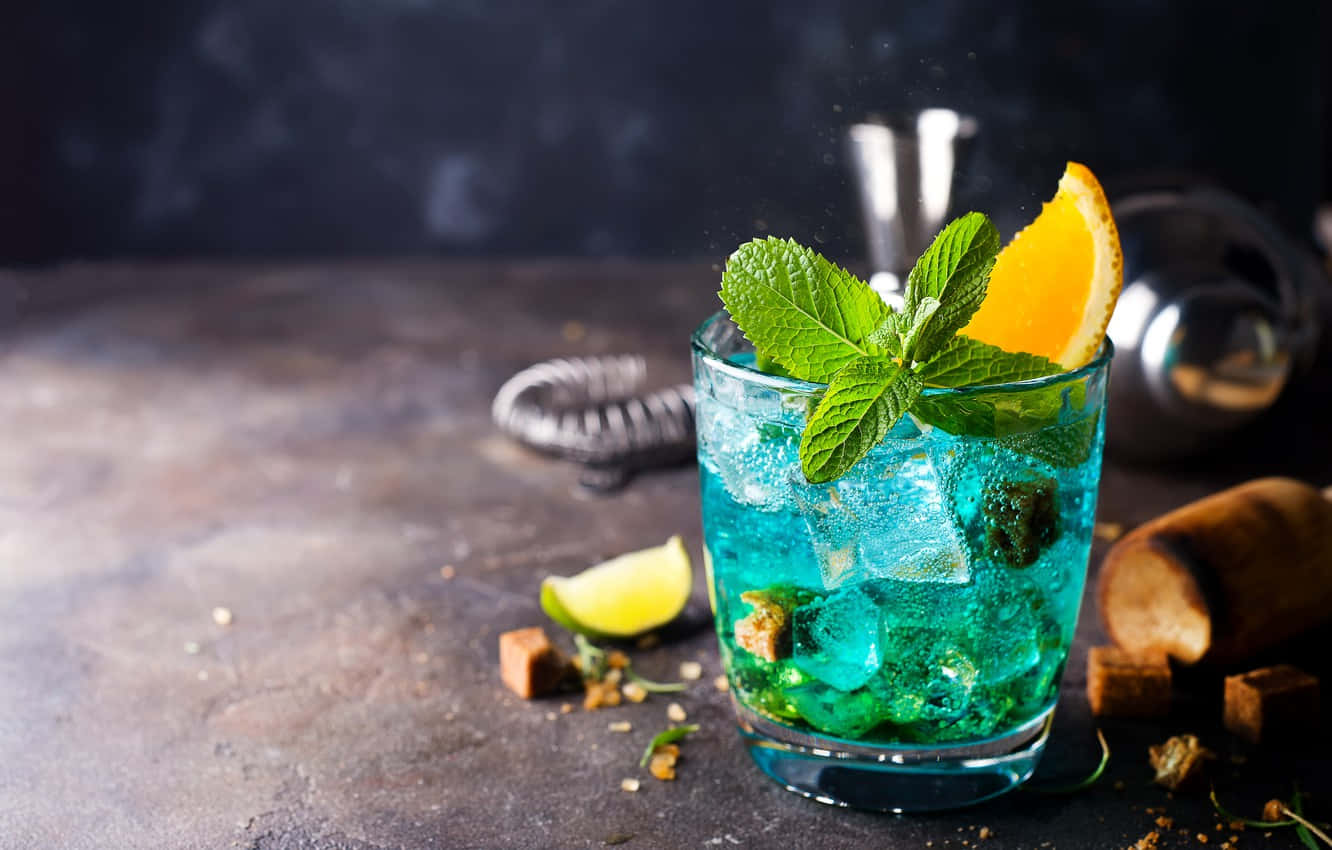 Blue Lagoon Cocktail, mint, orange garnish, HD Desktop Wallpaper