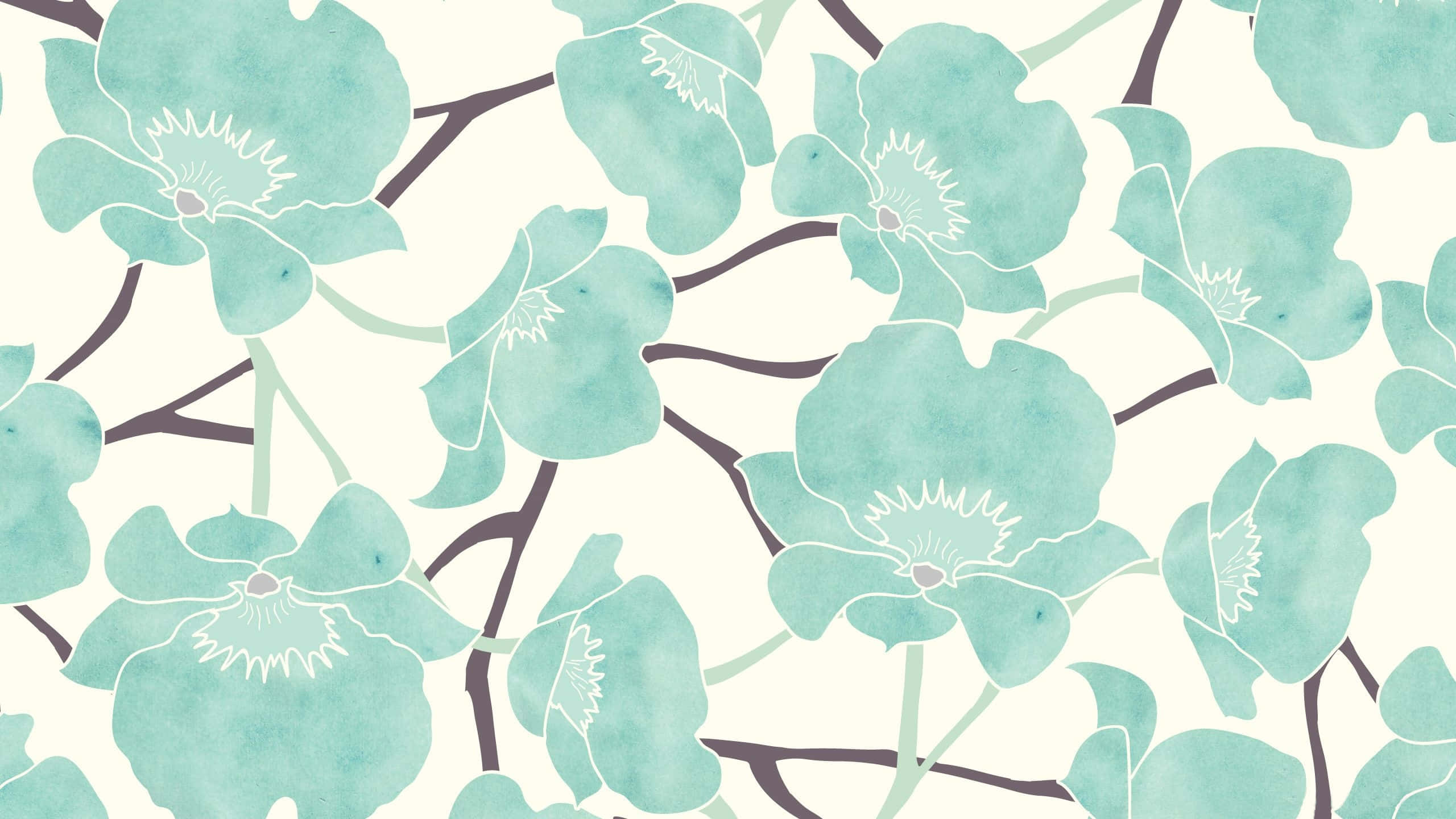 Teal Desktop, teal watercolor flowers, white outlines, 2K Desktop Wallpaper