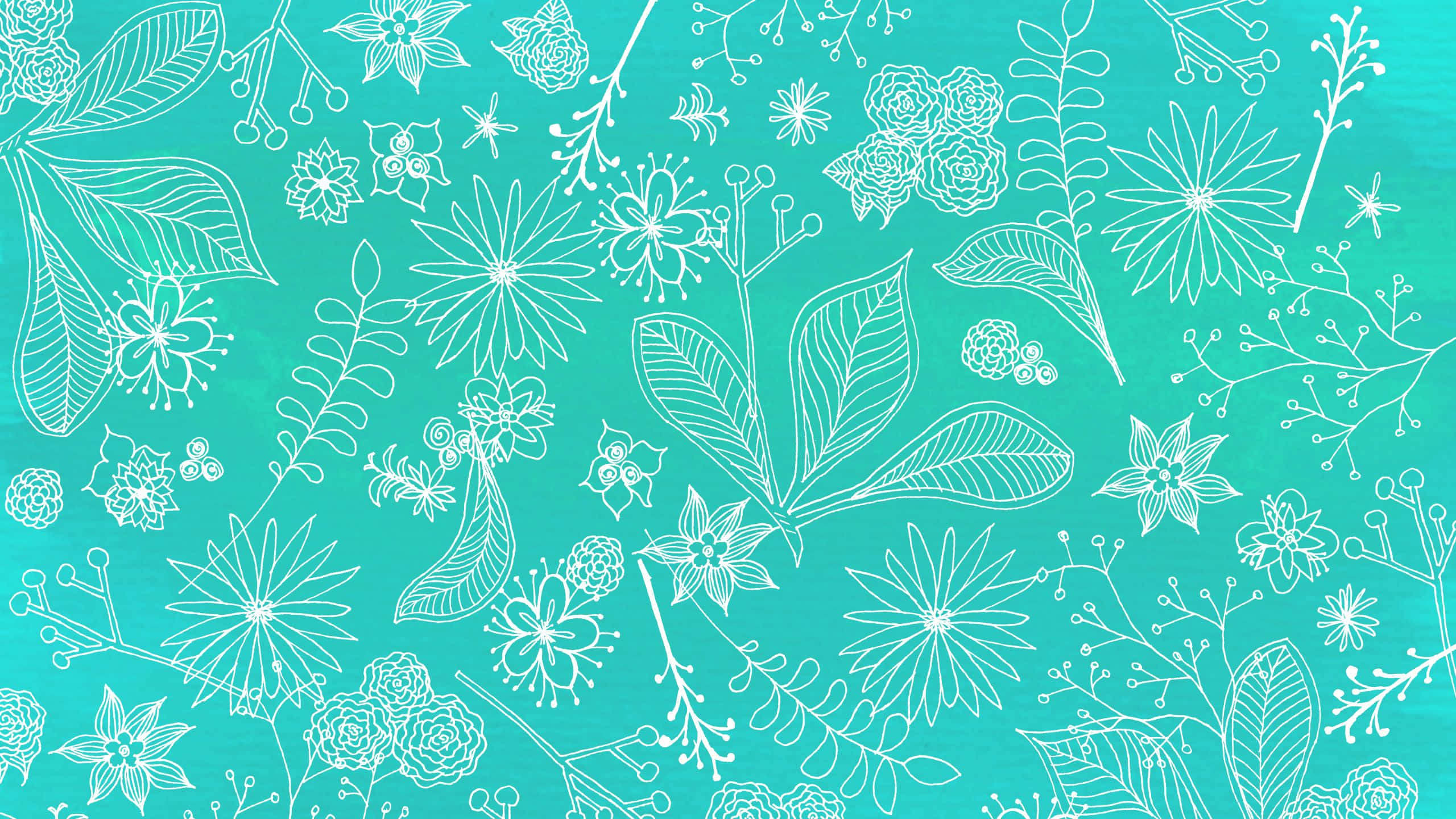 teal desktop, vibrant teal background, white line-drawn flowers, 2K Desktop Wallpaper