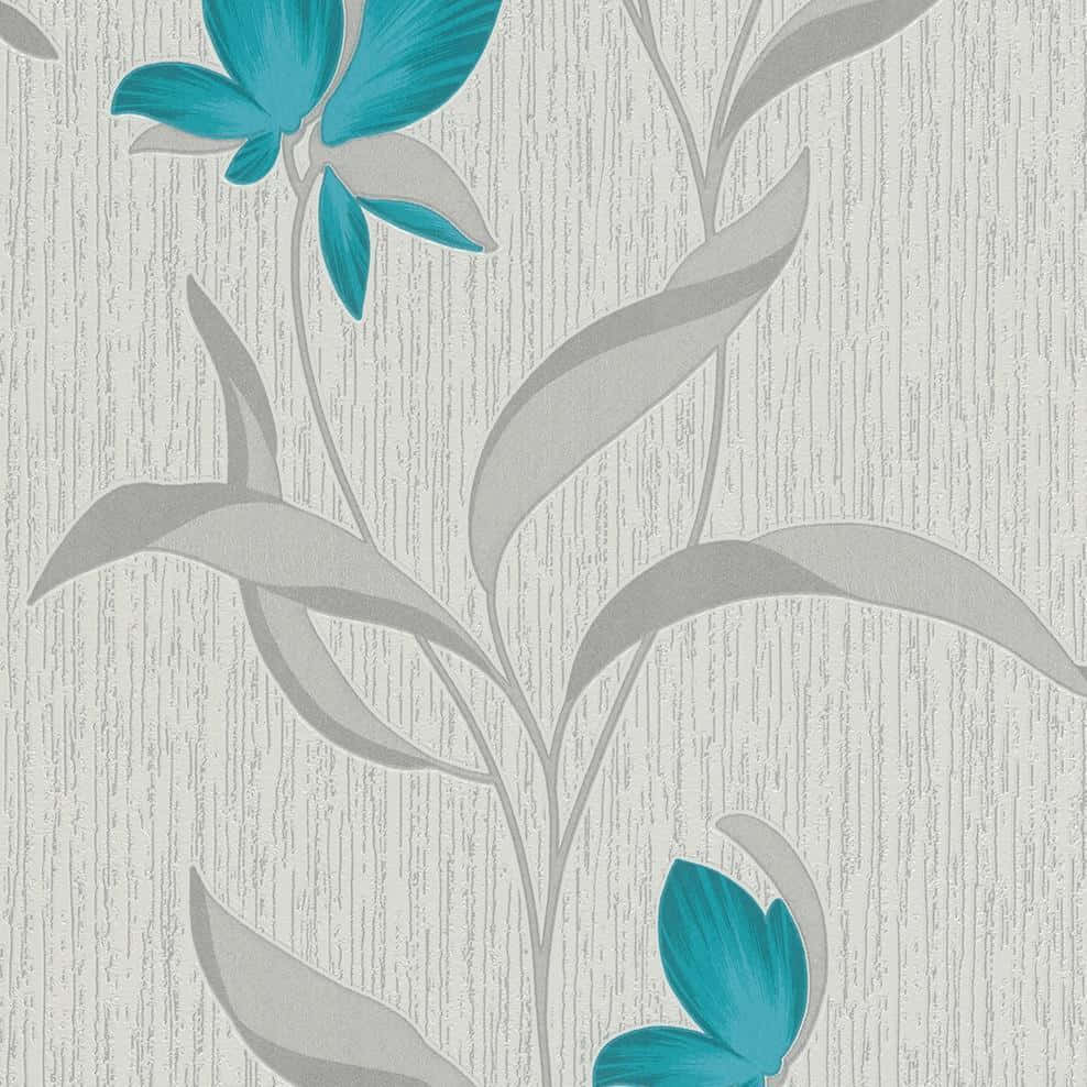 teal blue flowers, gray leaves, textured silver background, SD Desktop Wallpaper