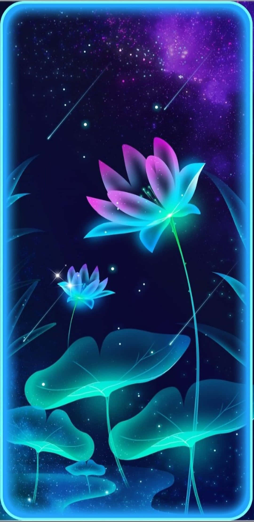 Neon Teal Flower, glowing neon lotus flowers, starry purple galaxy sky, Full HD Phone Wallpaper