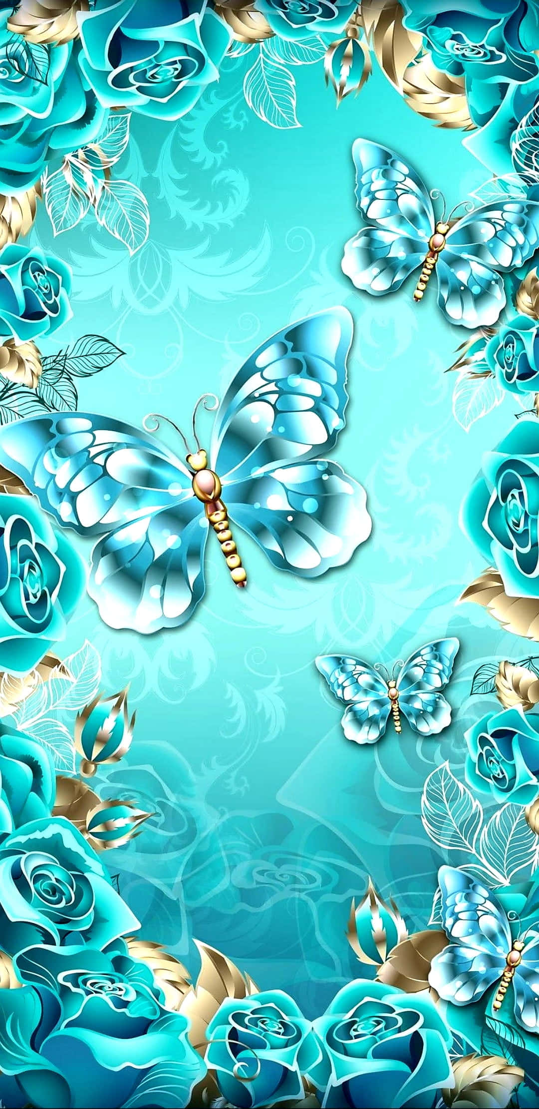 Teal Flower, turquoise butterflies, roses, Full HD Phone Wallpaper