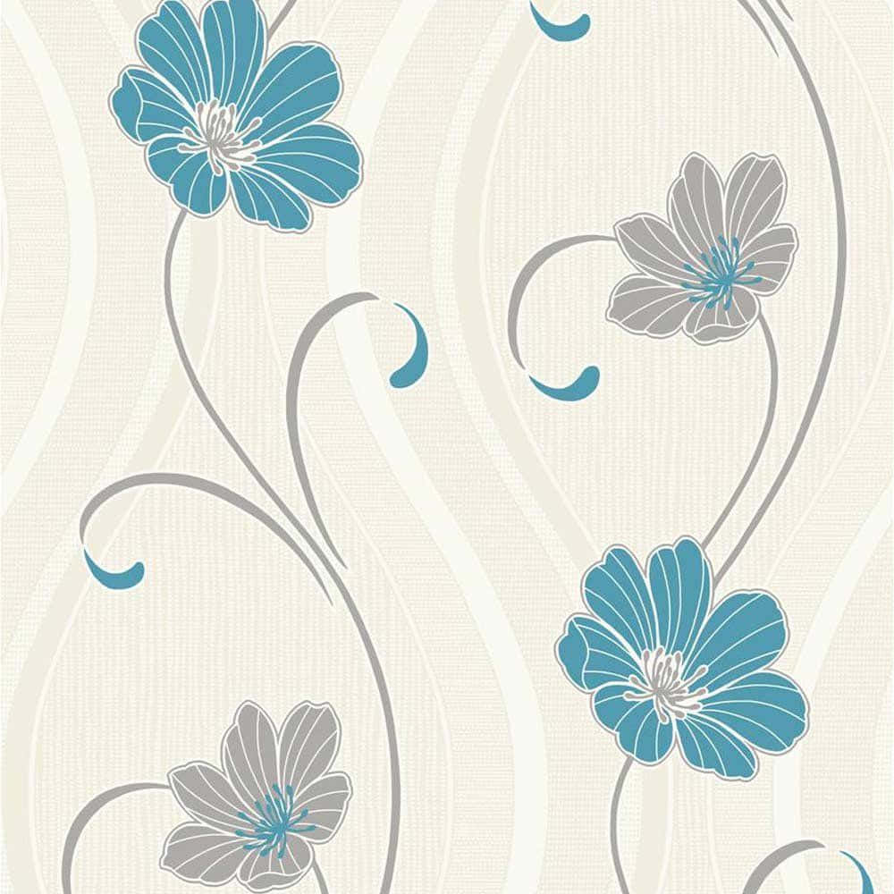Teal Flower, blue and gray flowers, cream background, SD Desktop Wallpaper