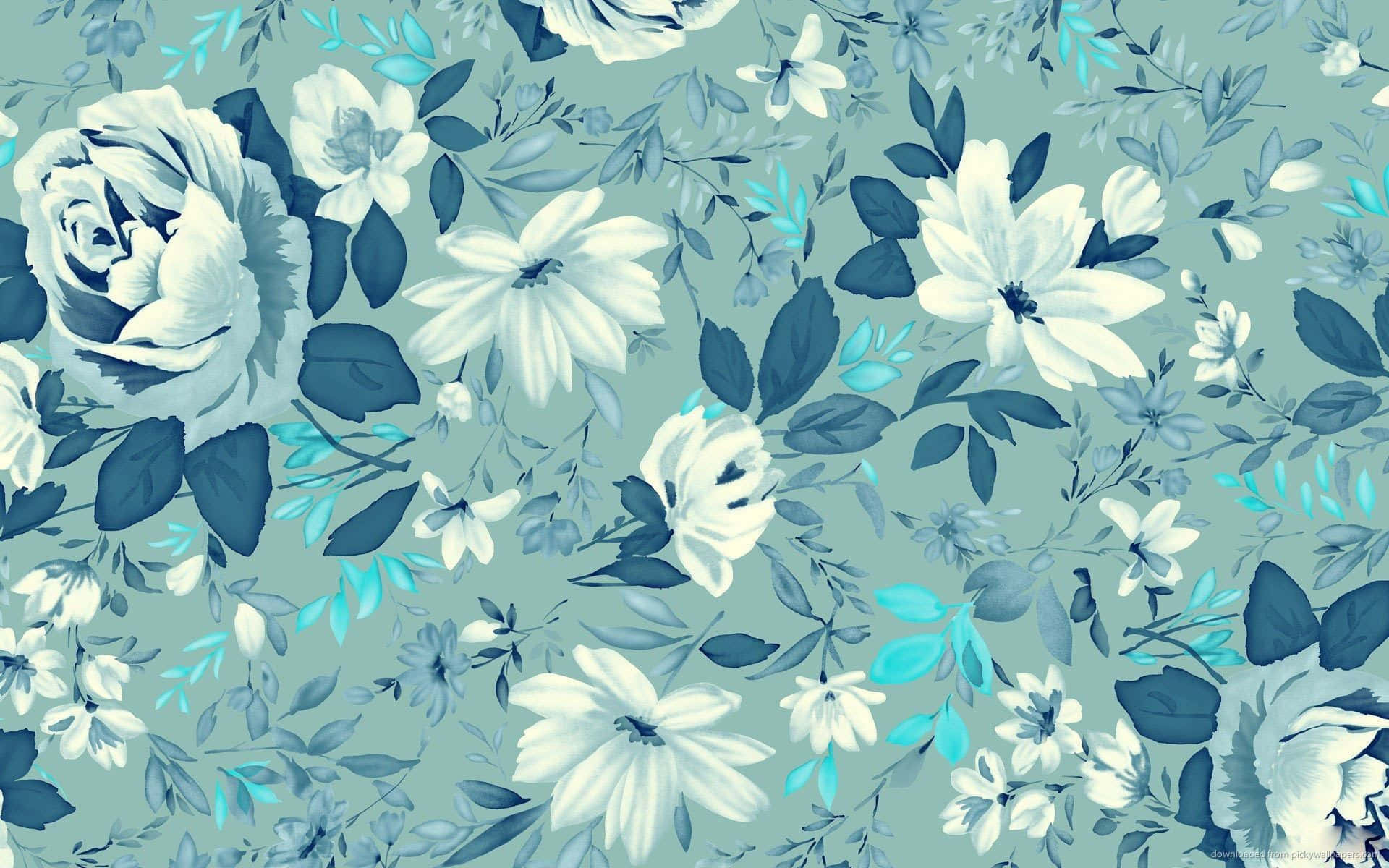 Teal Flower, muted teal background, white and blue flowers, Full HD Desktop Wallpaper