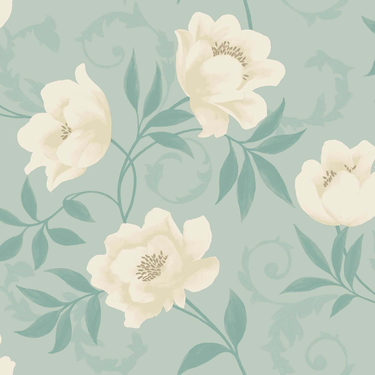 teal flower, cream peonies, green leaves, HD Desktop Wallpaper