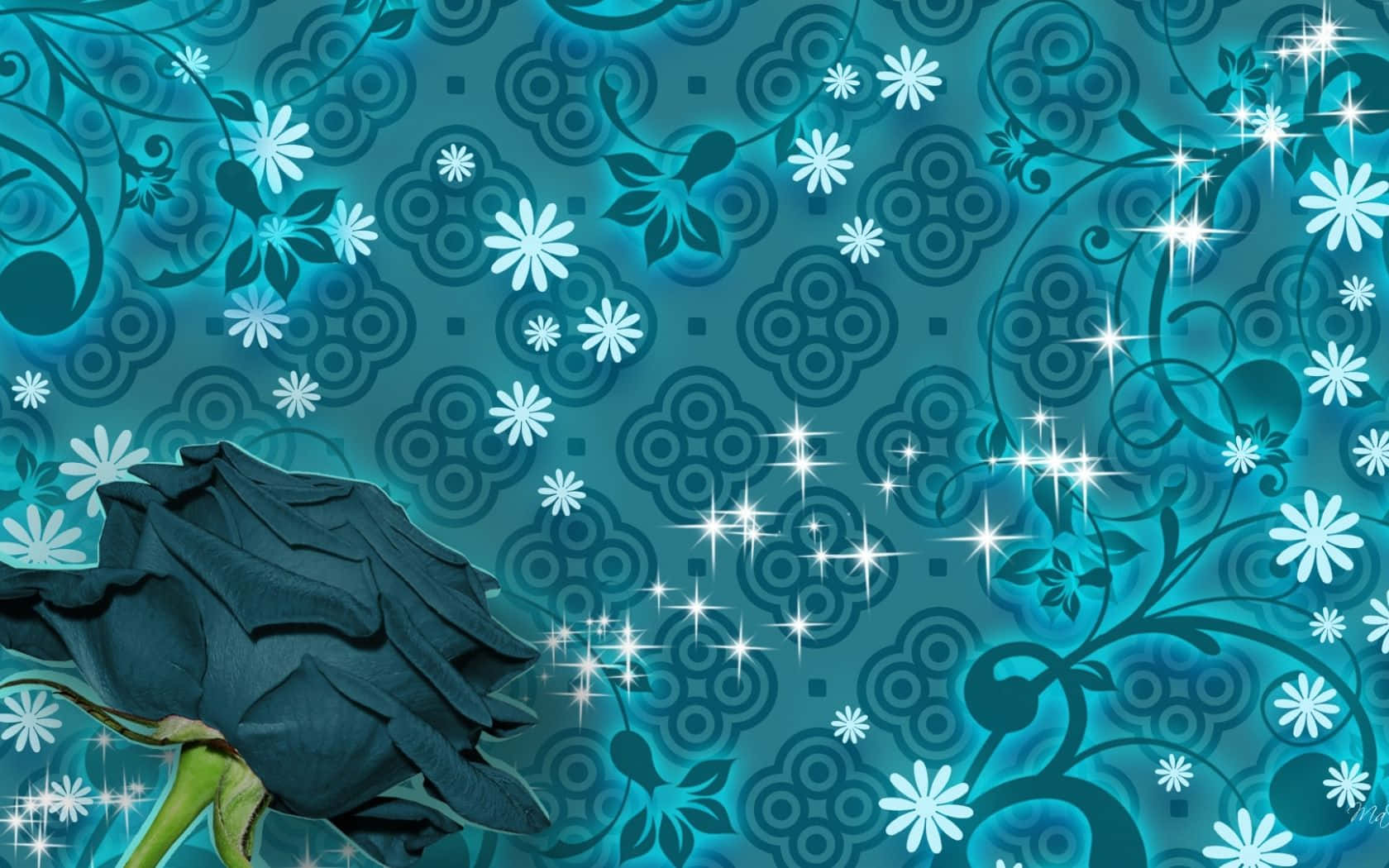 teal flower, black rose, teal floral patterned background, HD Desktop Wallpaper