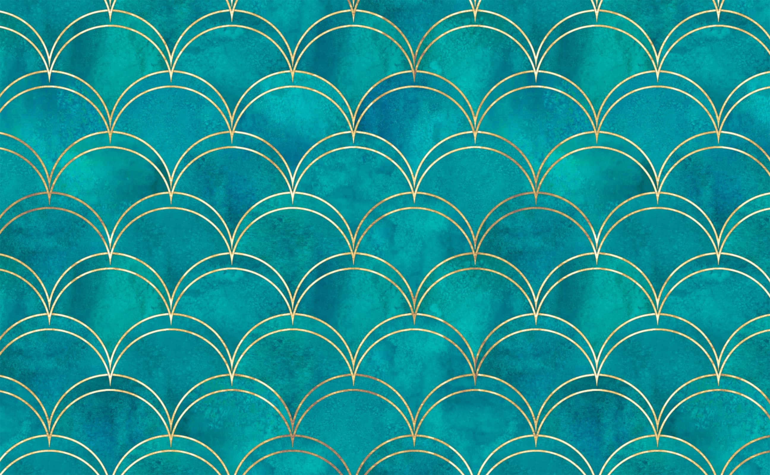Teal Marble, gold scalloped arch patterns, watercolor background, 2K Desktop Wallpaper