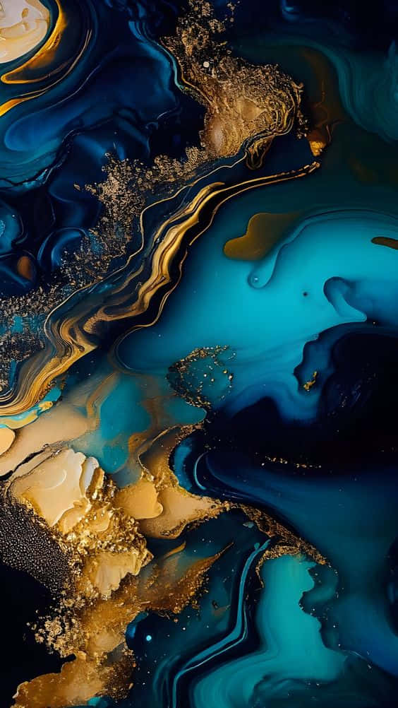 Teal Gold Marble, deep blue teal, shimmering gold, SD Phone Wallpaper