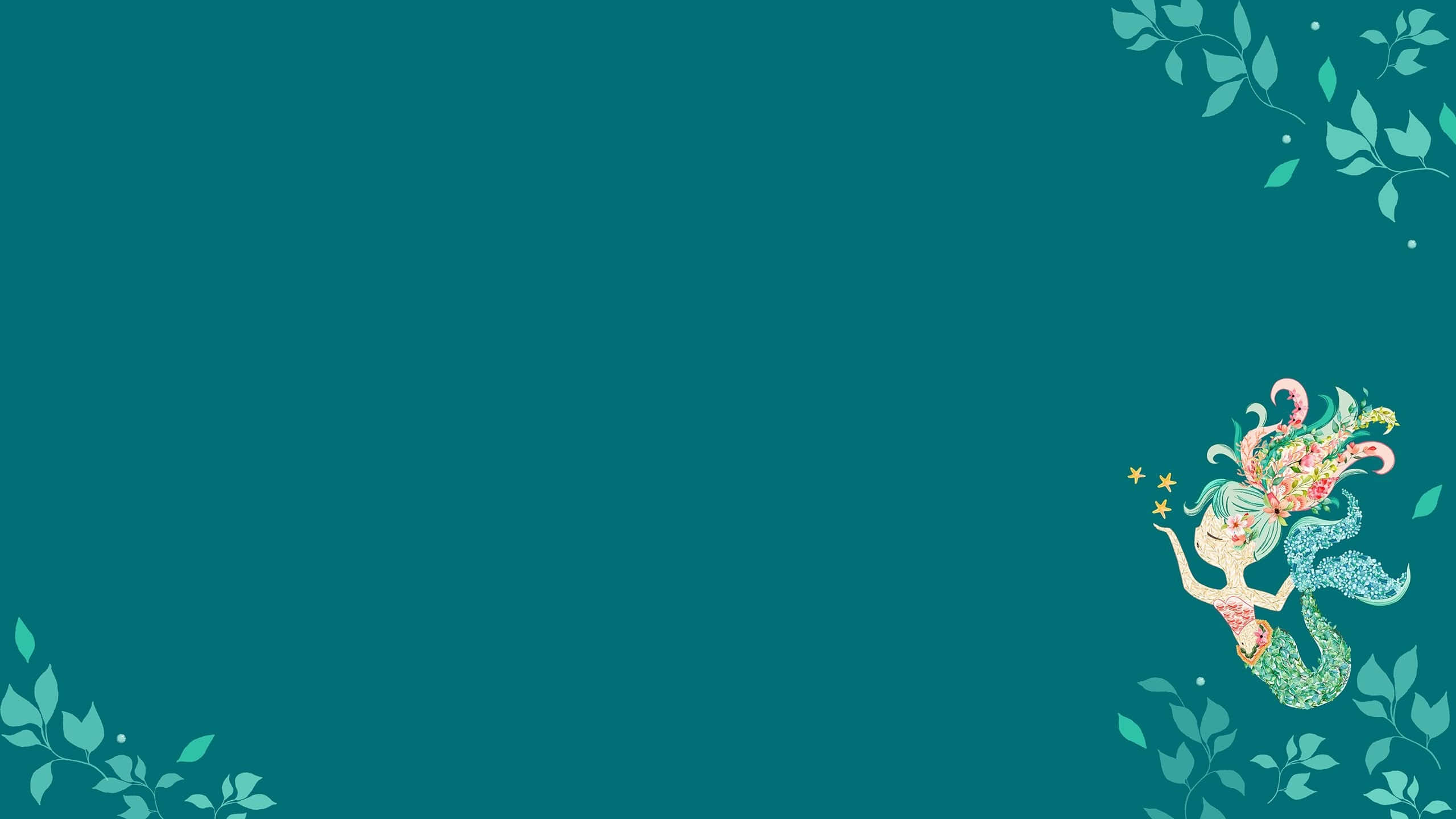 Teal Desktop Mermaid Art, mermaid, floral hair, 2K Desktop Wallpaper
