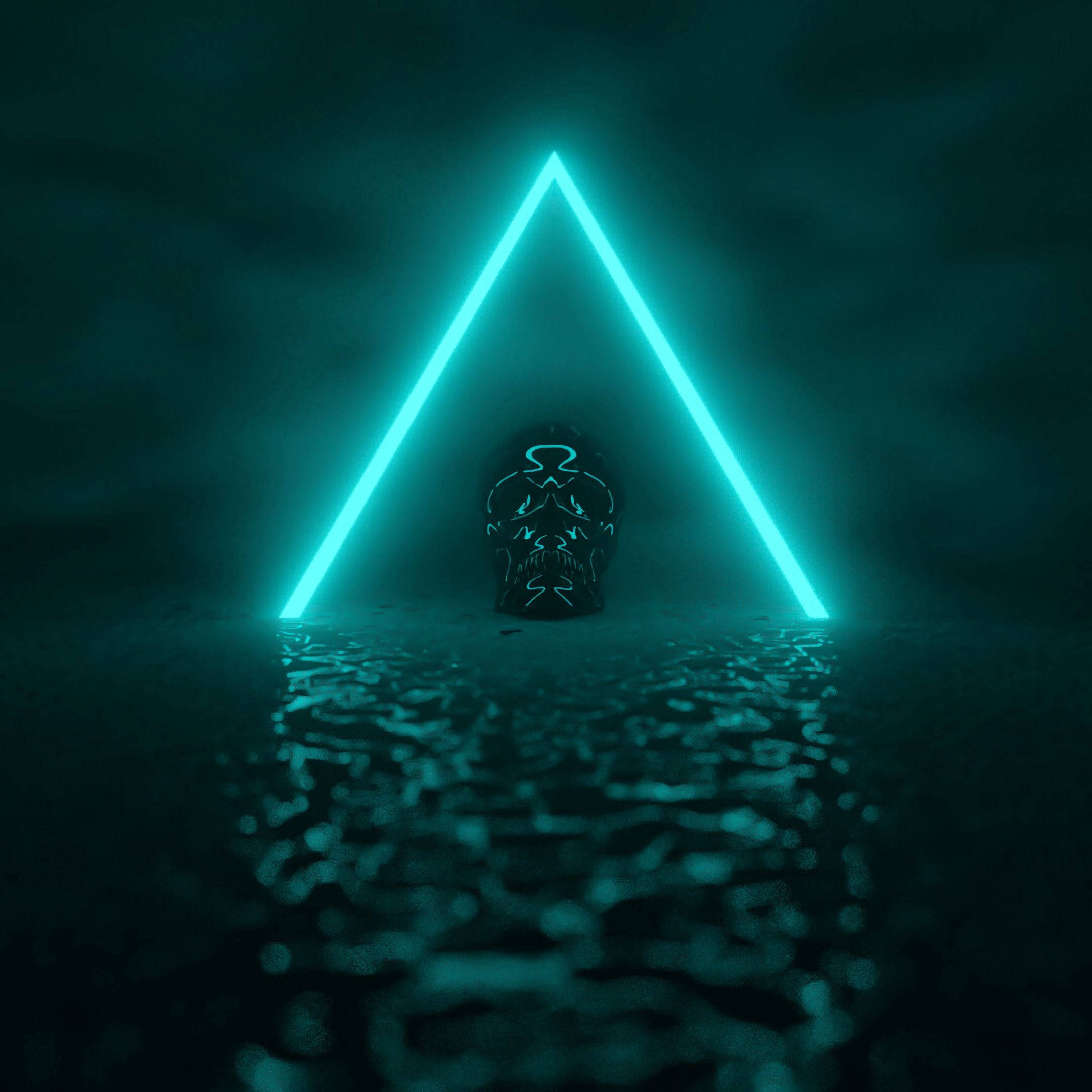 dark neon teal triangle, skull, glowing cyan neon, Full HD Desktop Wallpaper