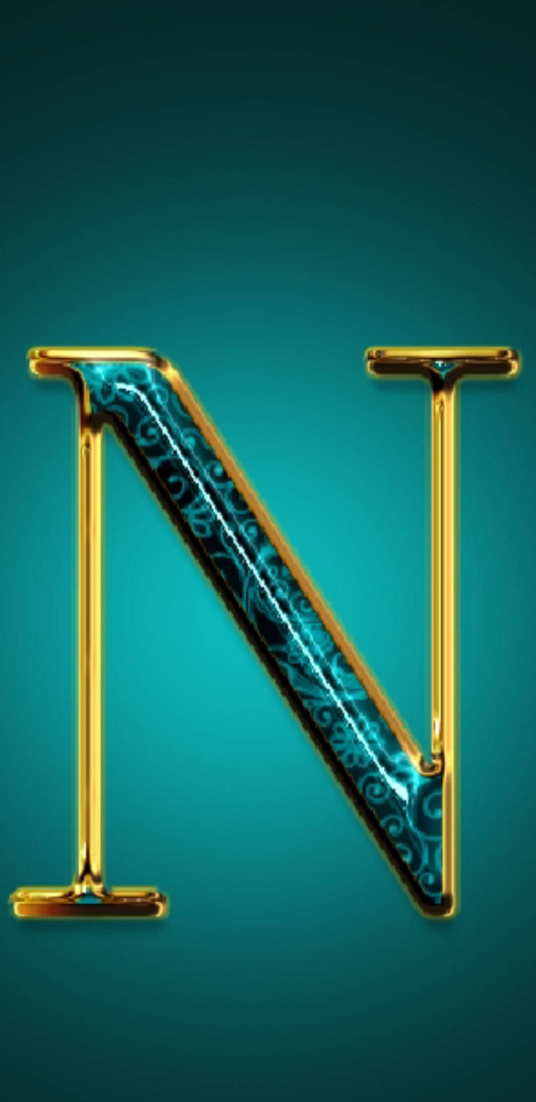 golden letter N, intricate blue glowing filigree, teal gradient background, Full HD Phone Wallpaper