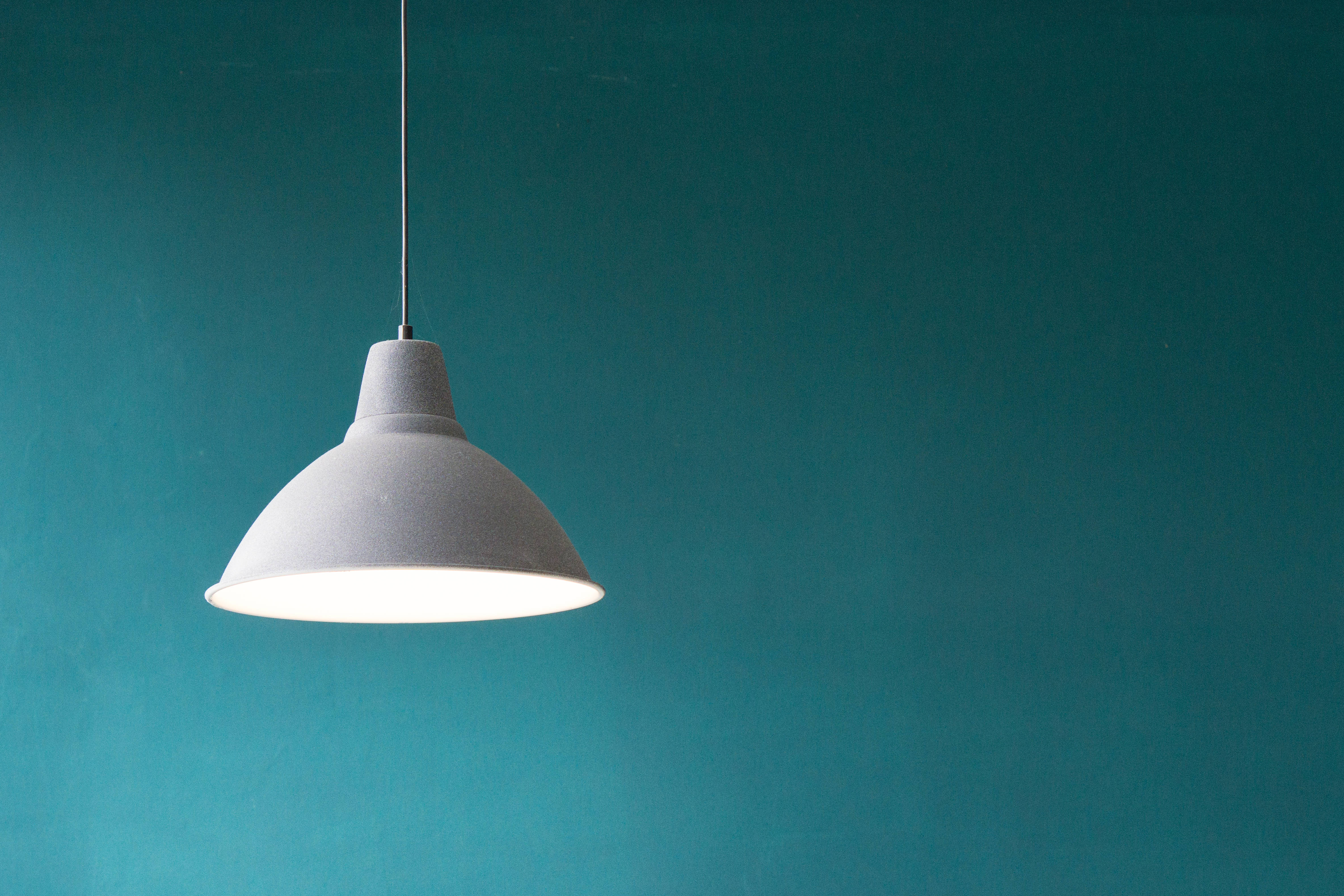 teal wall, minimalist white pendant lamp, solid teal wall, 4K Desktop Wallpaper