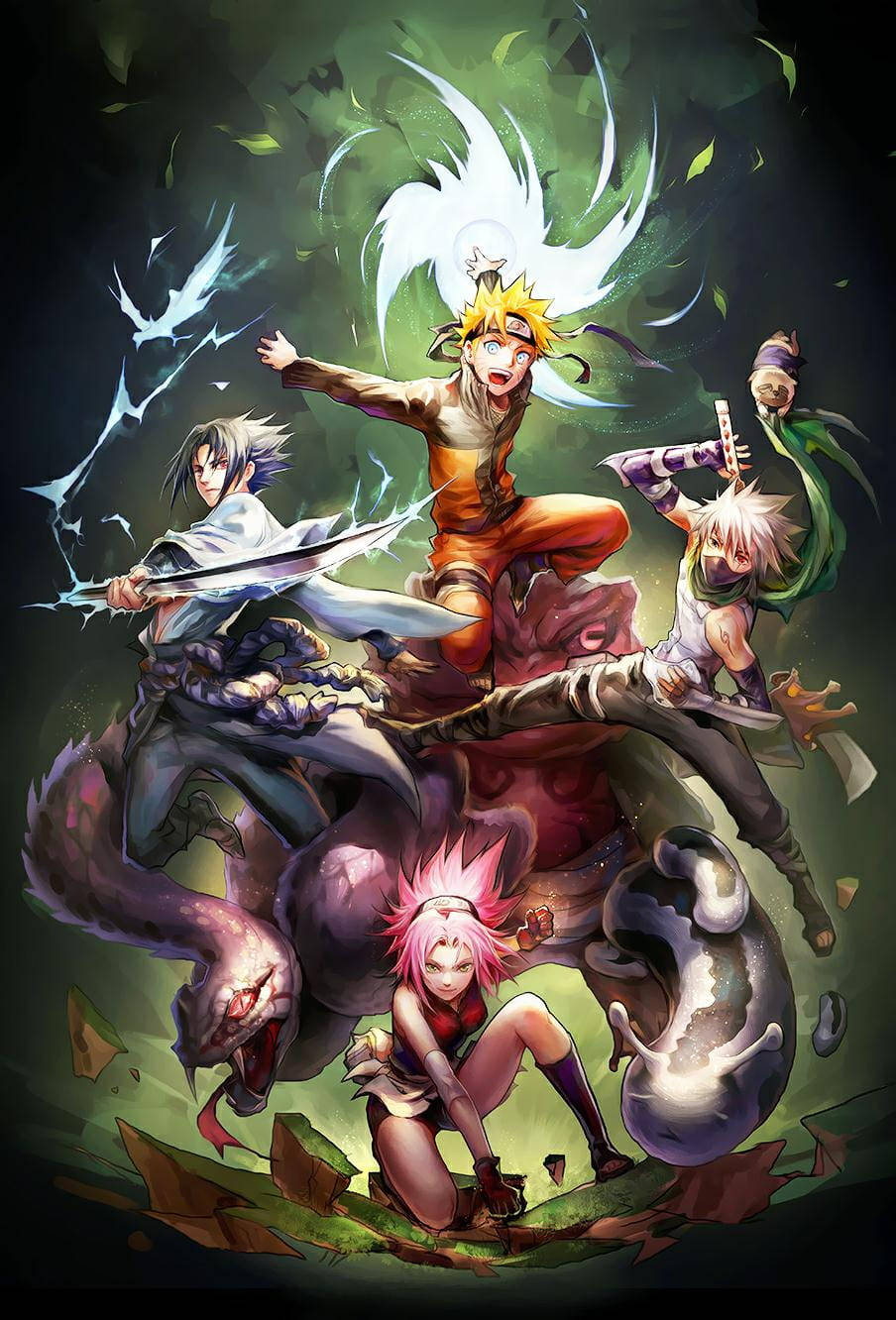 Naruto Team 7, attack, giant snake, HD Phone Wallpaper