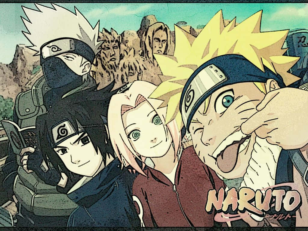 Team 7 Naruto, anime characters, rocky mountain backdrop, SD Desktop Wallpaper