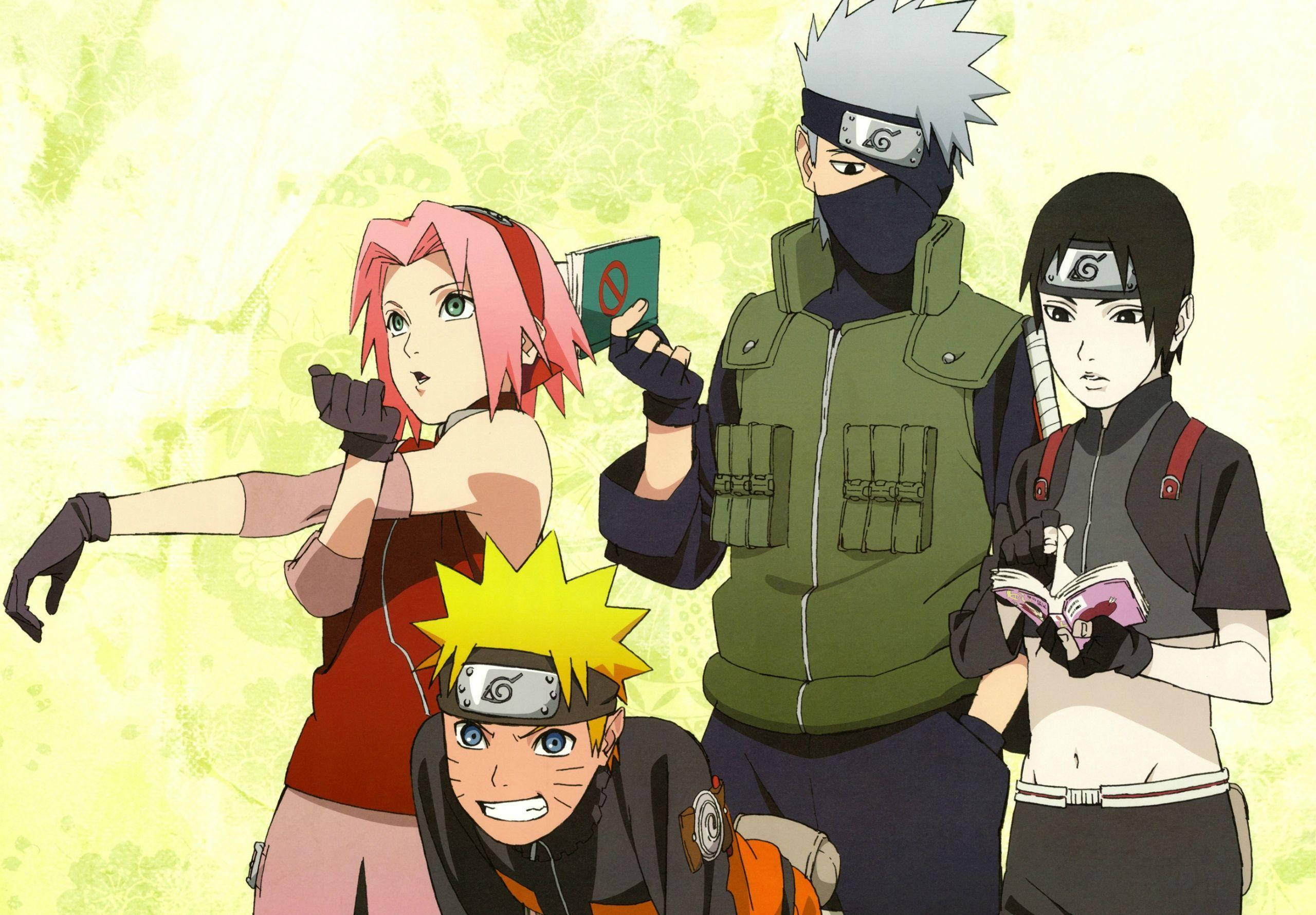 Naruto Team 7, anime ninja characters, soft green textured background, 2K Desktop Wallpaper