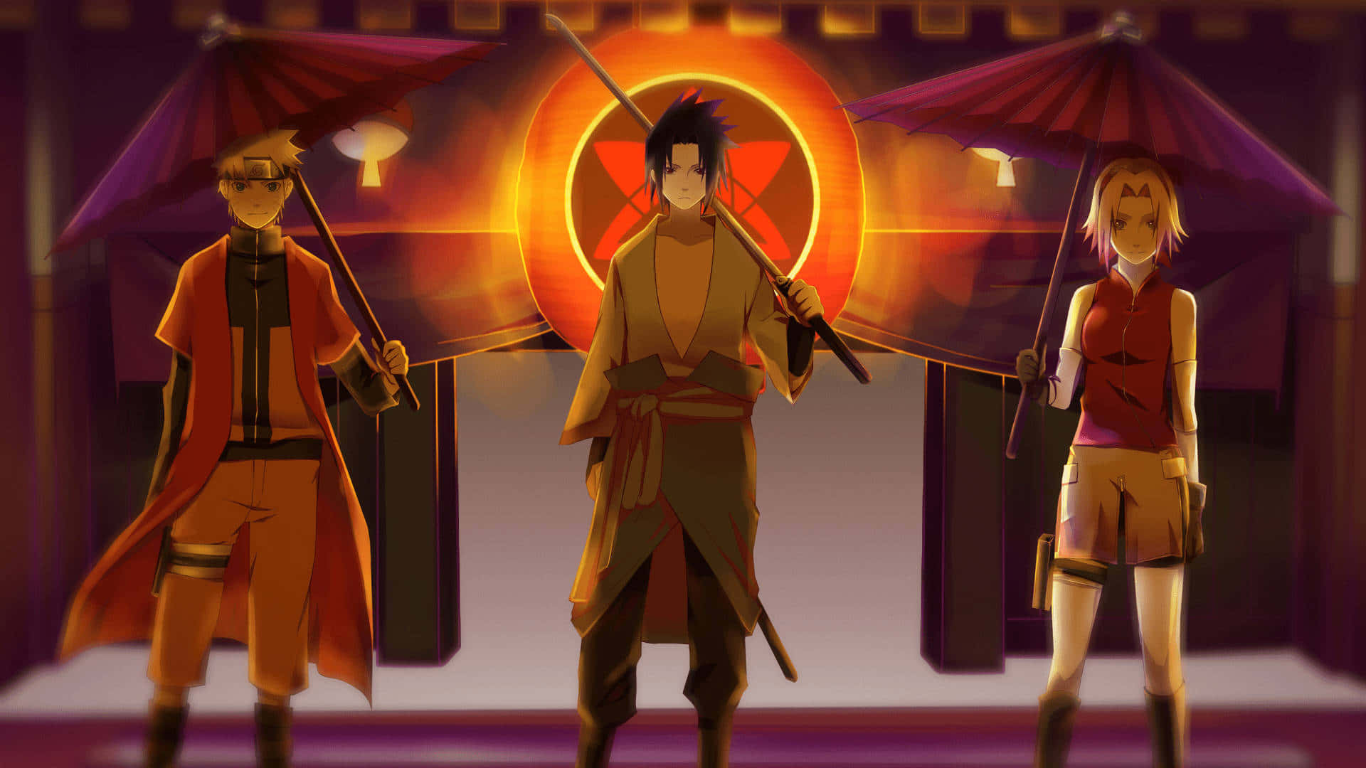 Naruto Team 7, glowing red umbrellas, fiery circular emblem, Full HD Desktop Wallpaper
