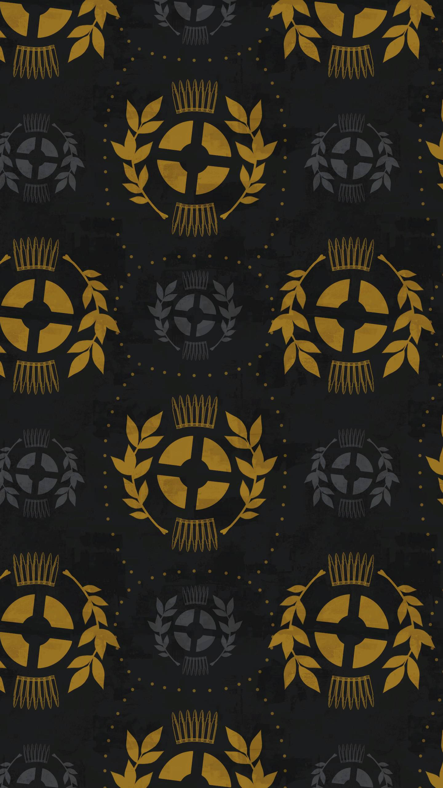 Team Fortress 2, golden laurel-wreathed emblems, gray compass-like symbols, 2K Phone Wallpaper