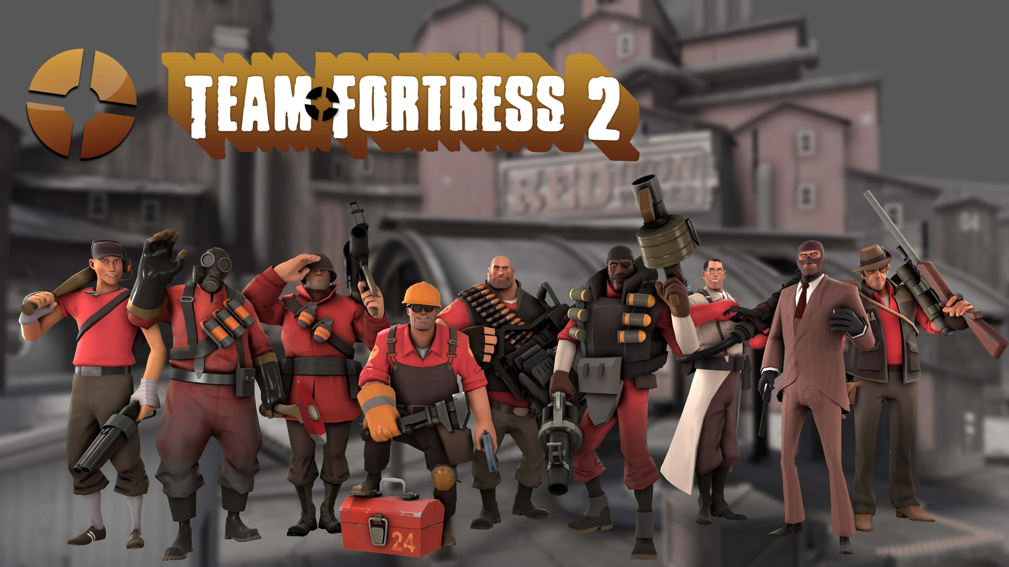 Team Fortress 2, red uniforms, gritty urban setting, 4K Desktop Wallpaper