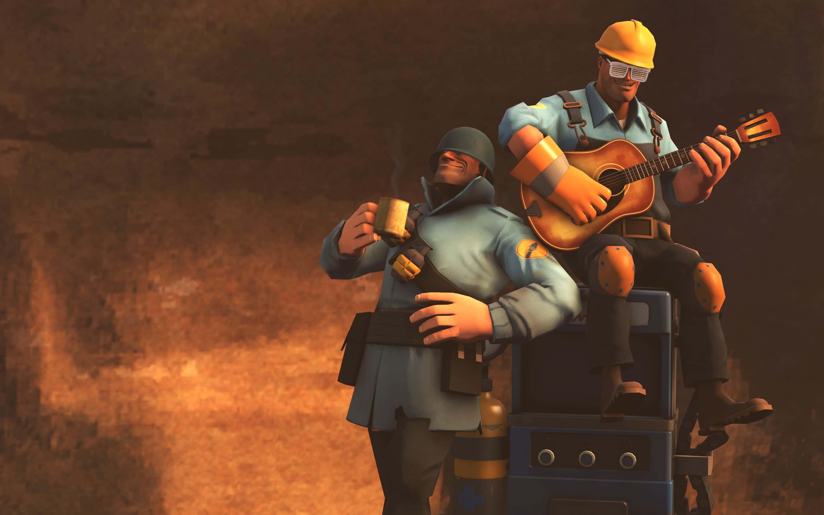 Team Fortress 2 Characters, cartoonish construction workers, guitar, 2K Desktop Wallpaper