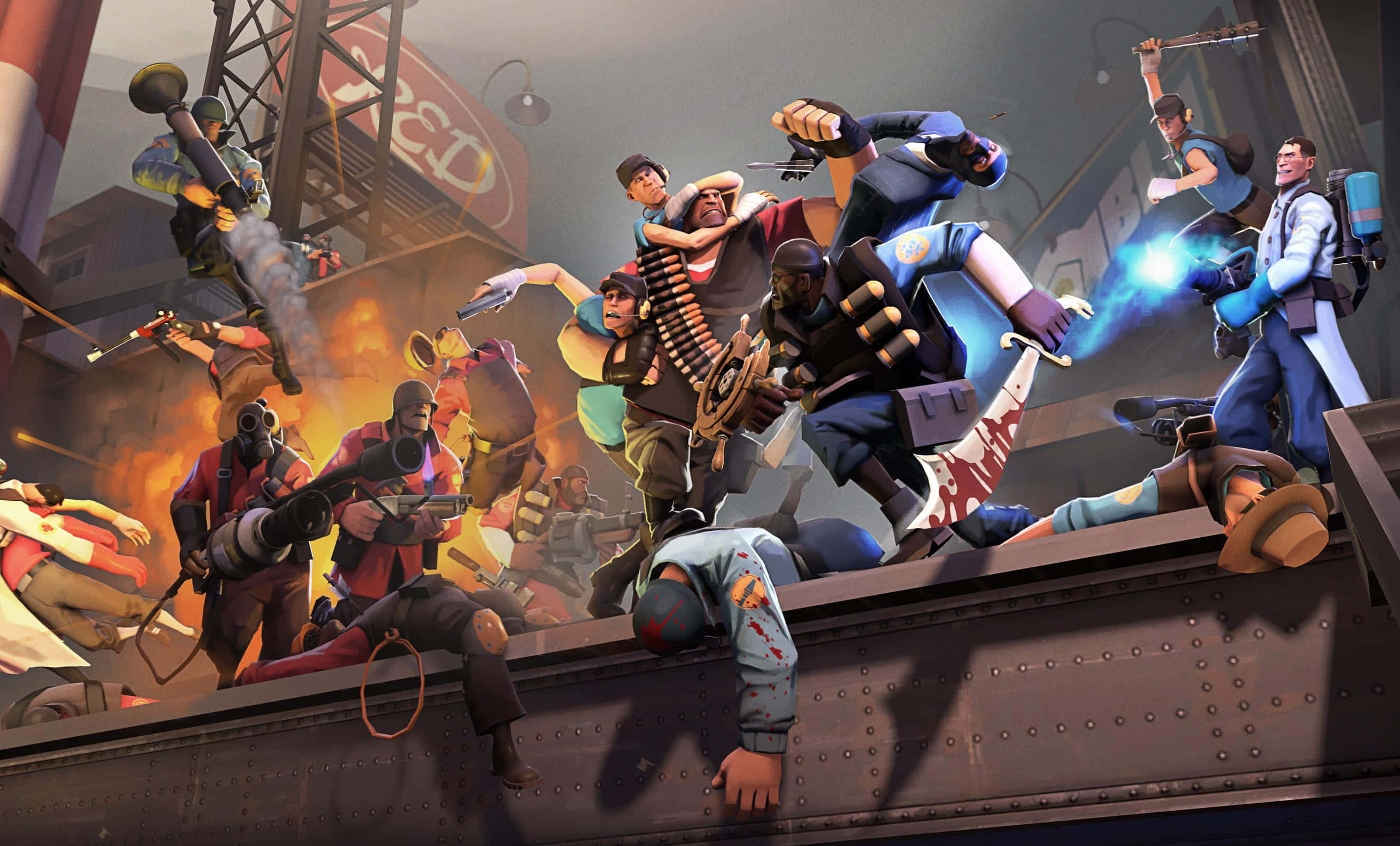 Team Fortress 2, cartoon characters, rusty train platform, 2K Desktop Wallpaper