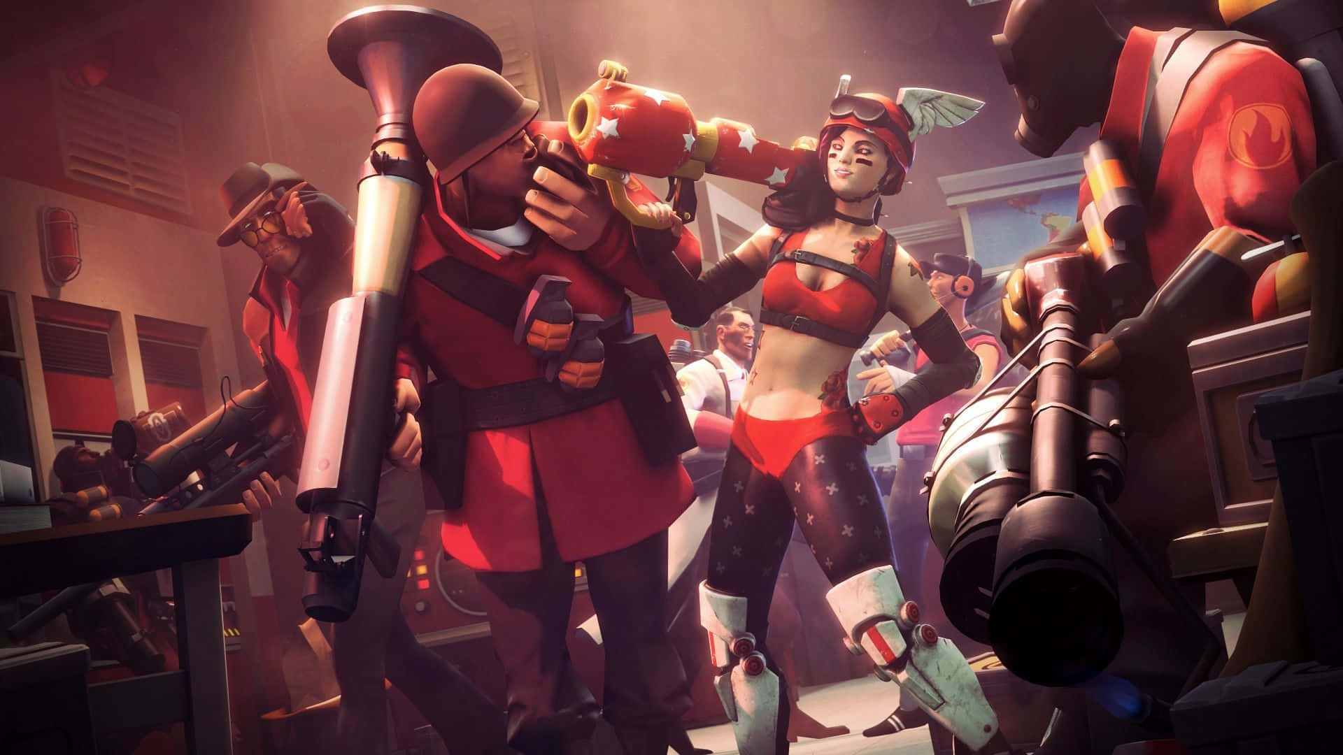 Team Fortress 2 Characters, red uniforms, oversized weapons, Full HD Desktop Wallpaper