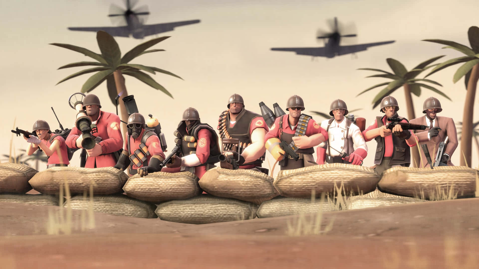 Team Fortress 2 Characters, red uniforms, helmets, Full HD Desktop Wallpaper