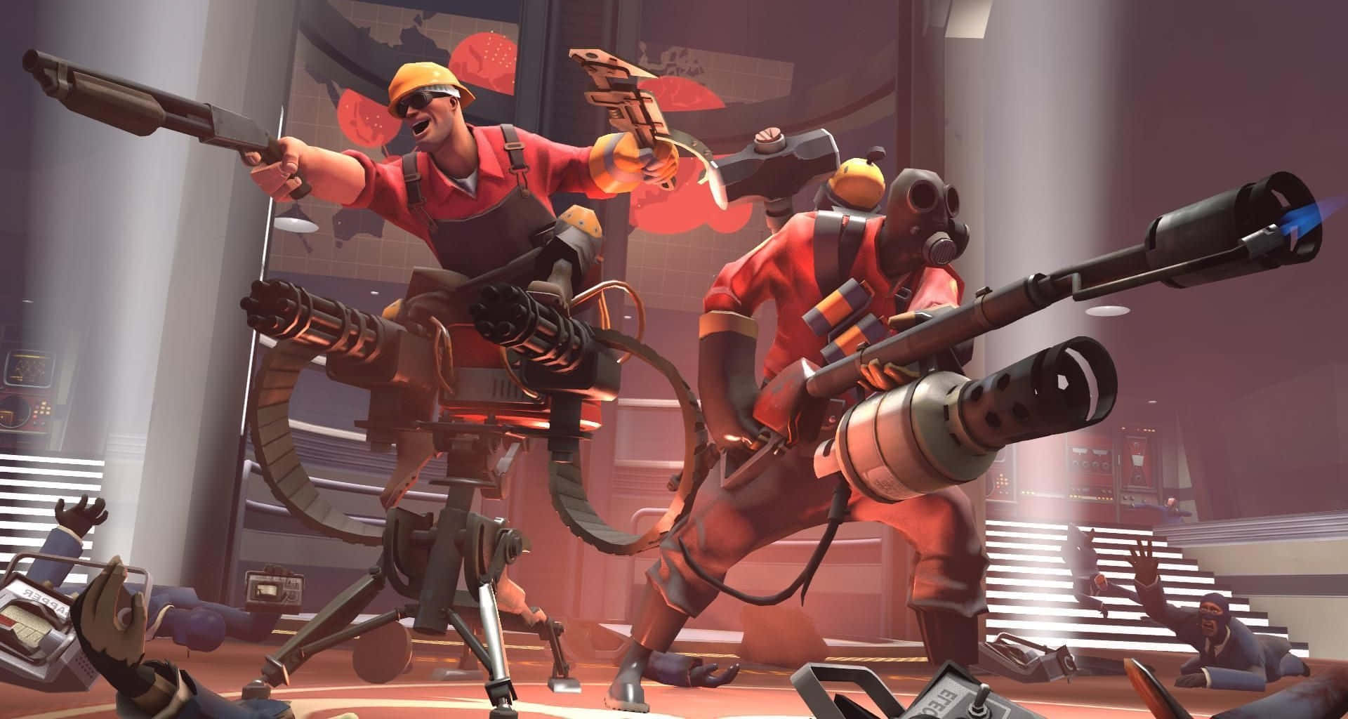 Team Fortress 2 Characters, red uniforms, heavy weapons, Full HD Desktop Wallpaper