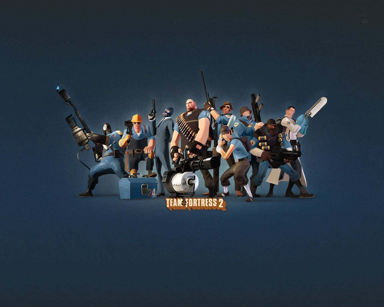 Team Fortress 2 Characters, blue uniforms, oversized weapons, HD Desktop Wallpaper