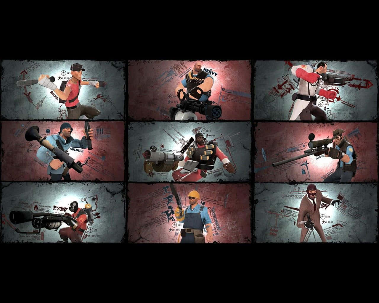 Team Fortress 2 Characters, combat poses, gritty schematic background, HD Desktop Wallpaper