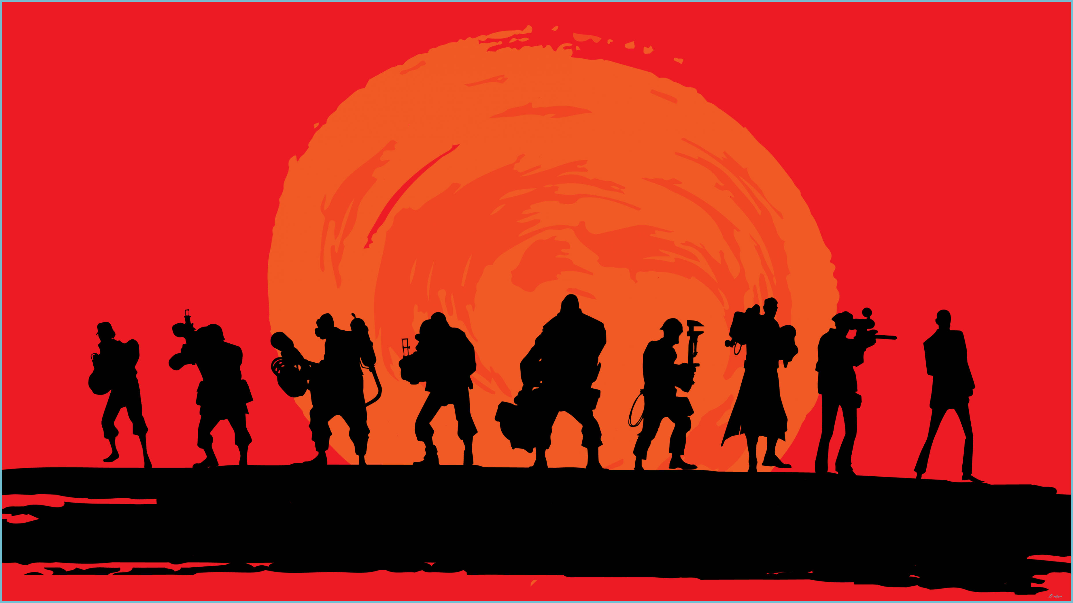 Team Fortress 2 Characters, red background, fiery red sunset, 2K Desktop Wallpaper