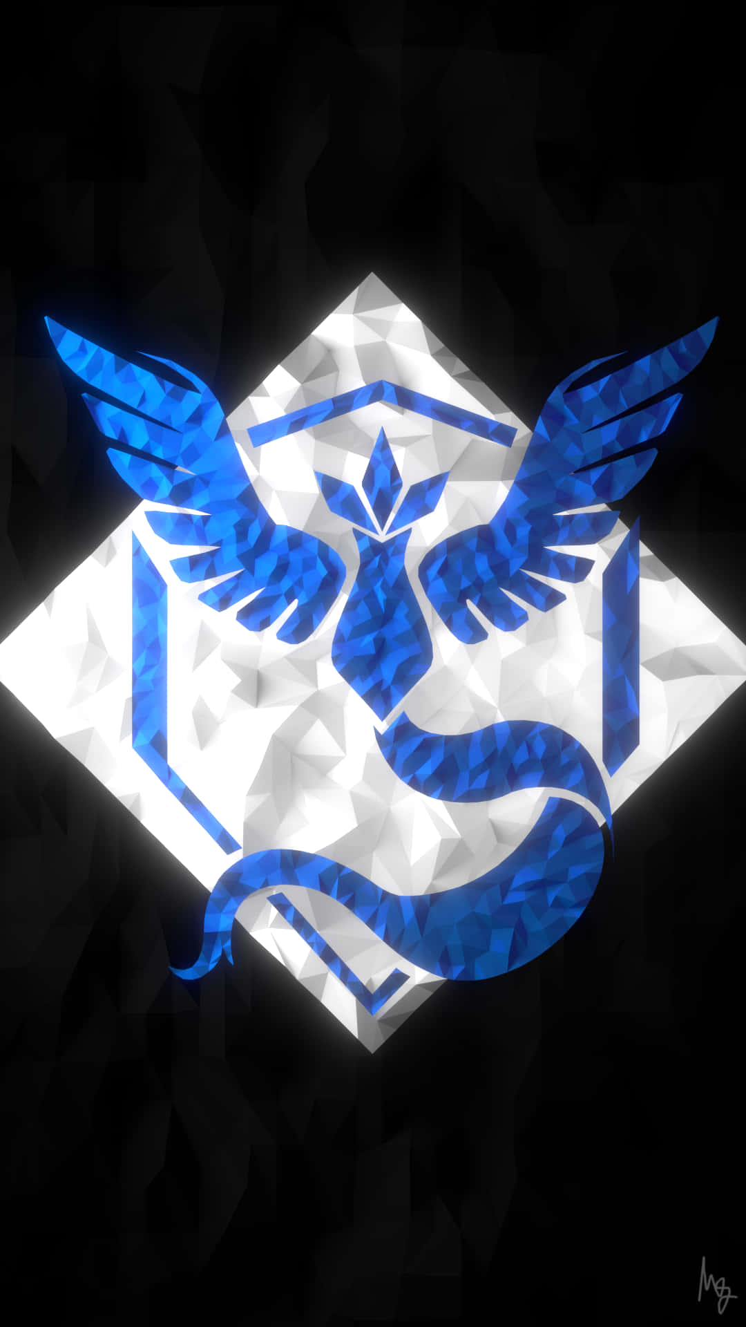 Team Mystic, glowing blue low-poly phoenix emblem, wings and tail coiled, Full HD Phone Wallpaper