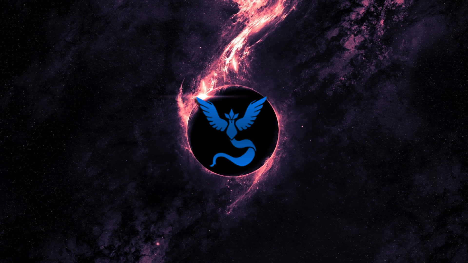 Team Mystic, glowing blue phoenix logo, fiery cosmic swirl, Full HD Desktop Wallpaper