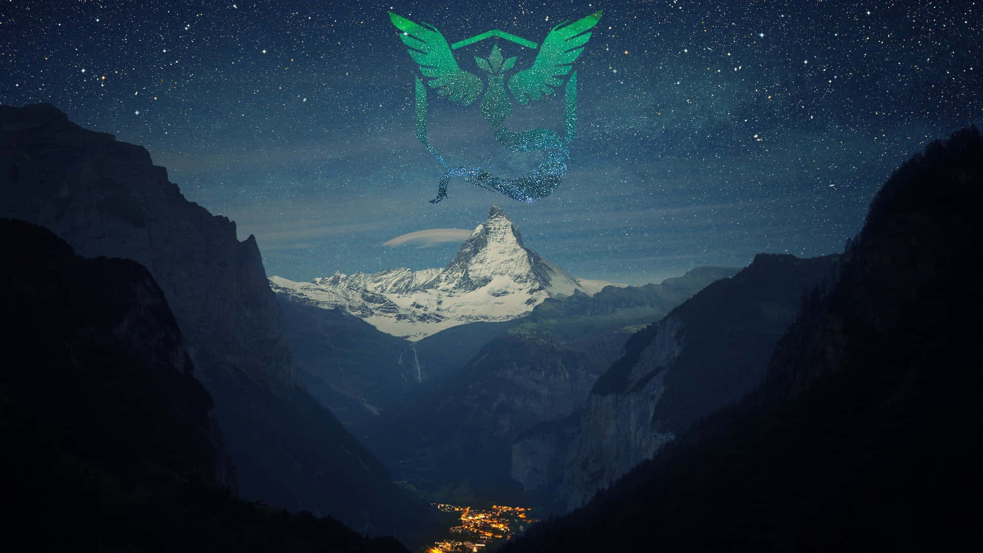 Team Mystic, glowing green mythical bird, snowcapped Matterhorn, Full HD Desktop Wallpaper