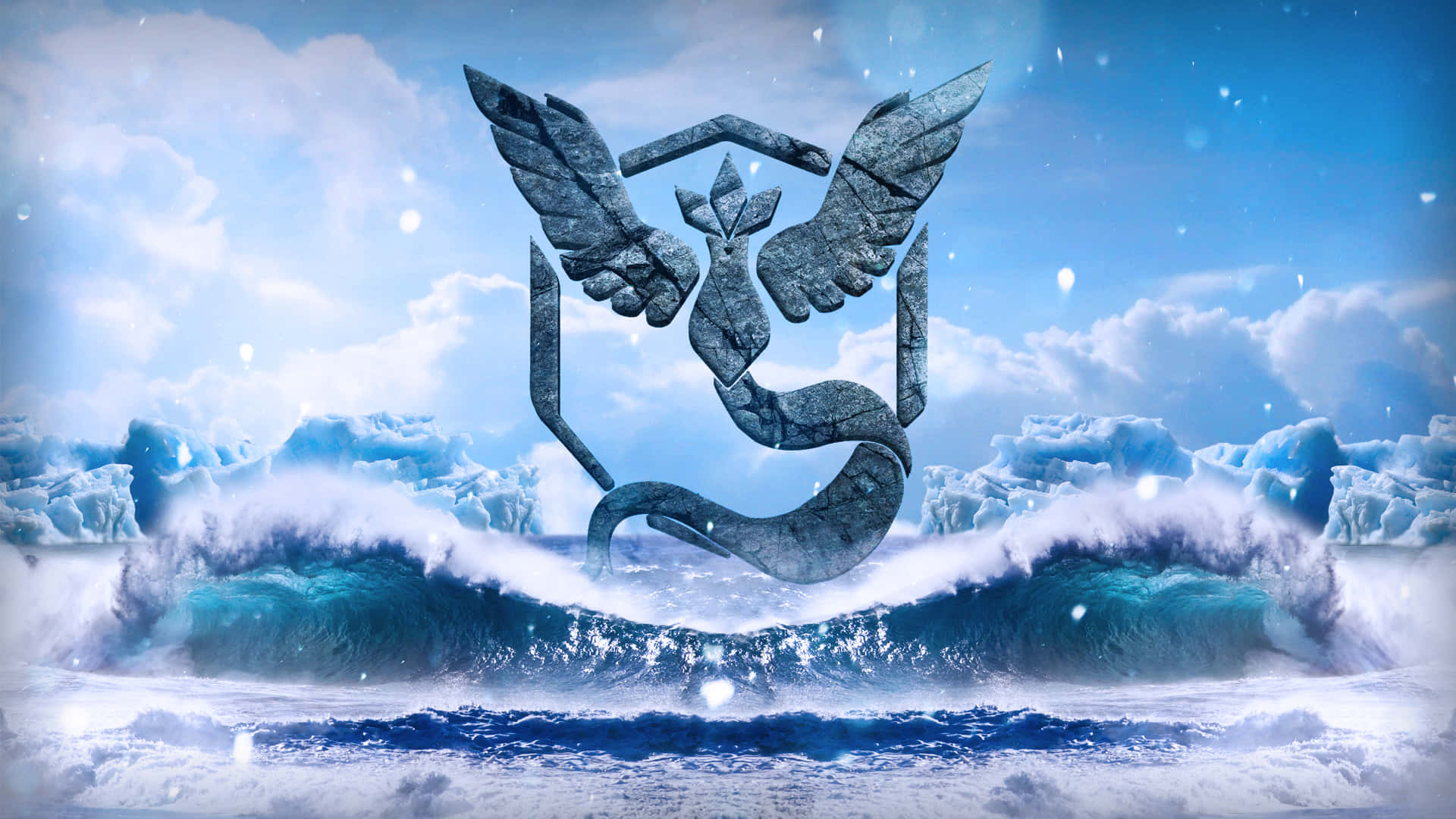 Team Mystic, icy dragon emblem, turquoise waves, Full HD Desktop Wallpaper