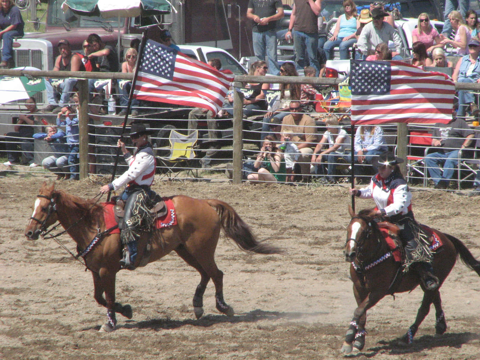 Team Roping, American flags, dusty rodeo arena, HD Desktop Wallpaper