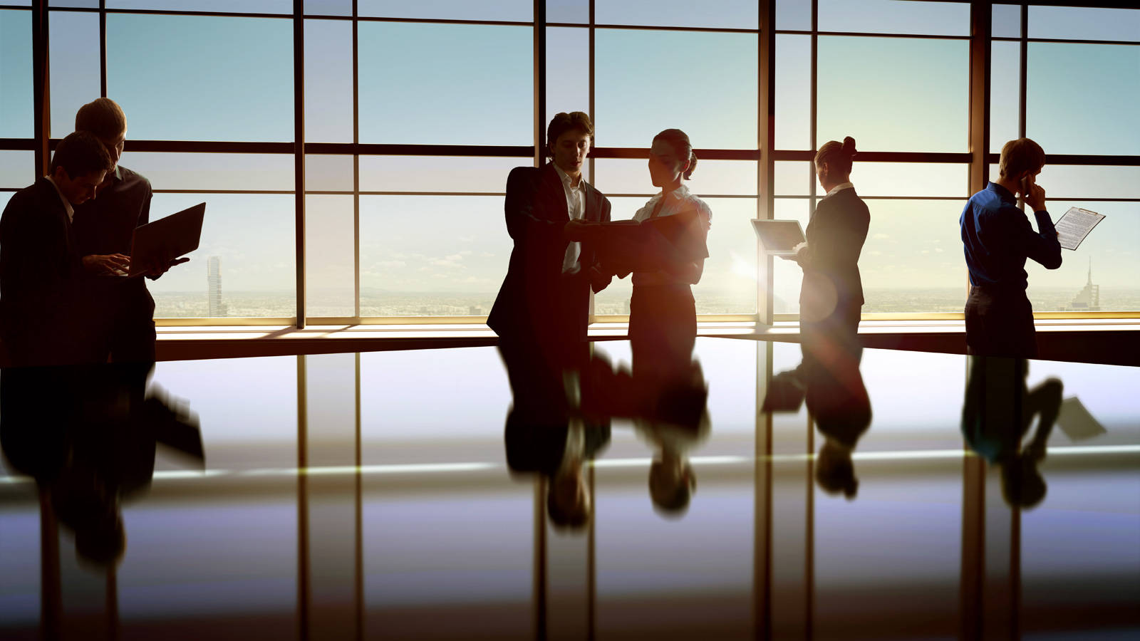 Team, sunset, modern glass-walled office, HD Desktop Wallpaper