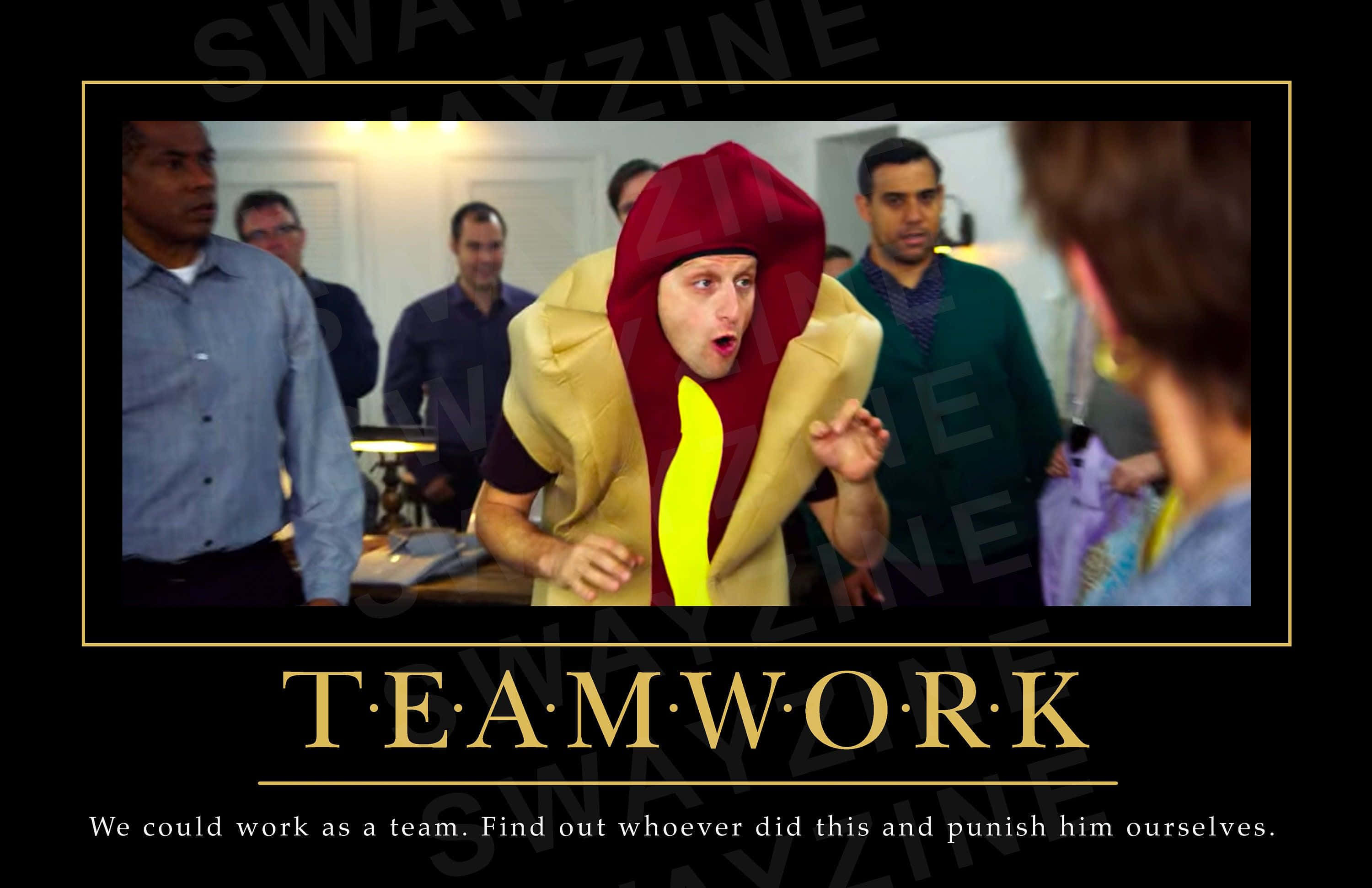 Teamwork Memes, hot dog costume, office setting, 2K Desktop Wallpaper
