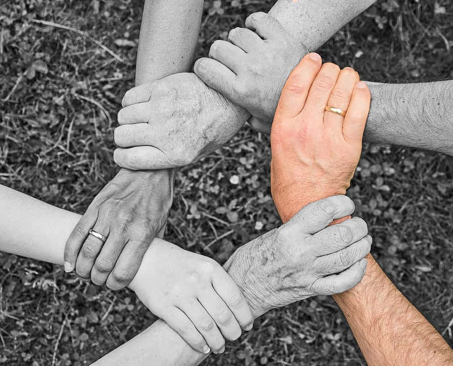 Exceptional Team, hands of varying ages, interlock in a circle, SD Desktop Wallpaper