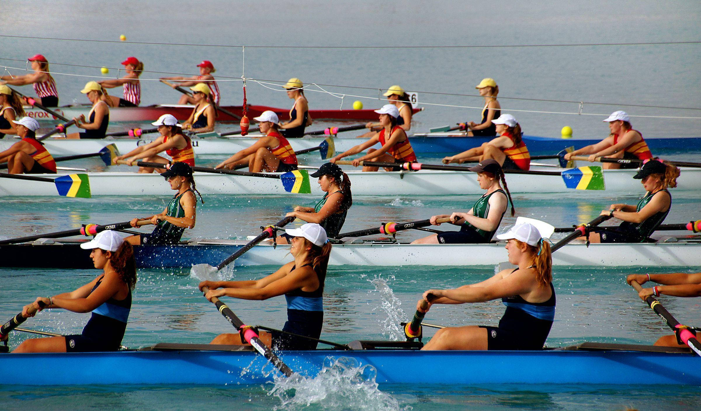 Teamwork, boat rowers, sea, Full HD Desktop Wallpaper