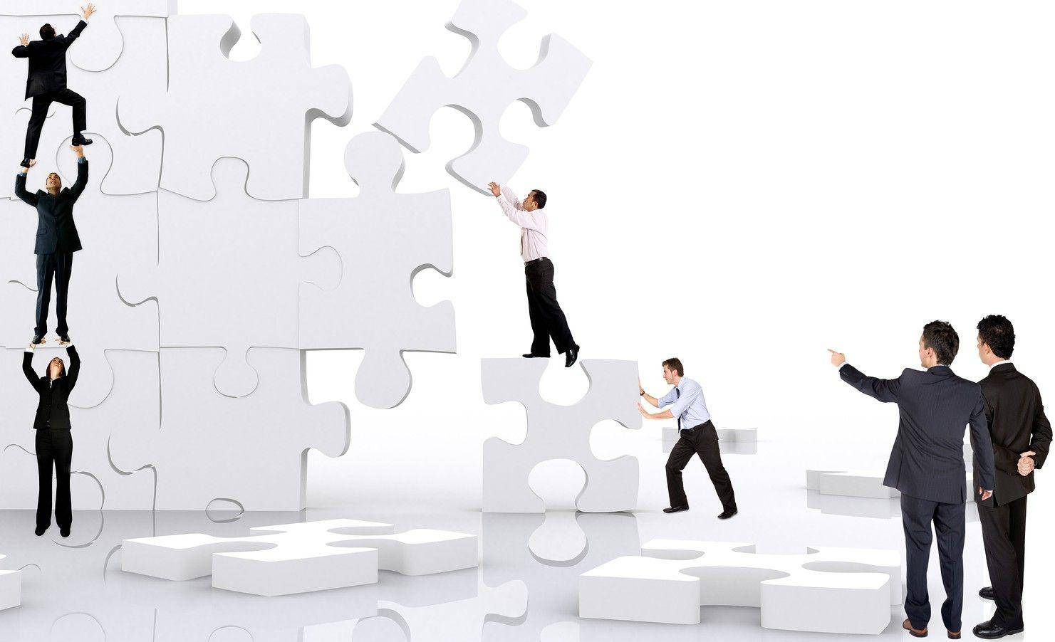 Teamwork, giant white puzzle pieces, structure, HD Desktop Wallpaper