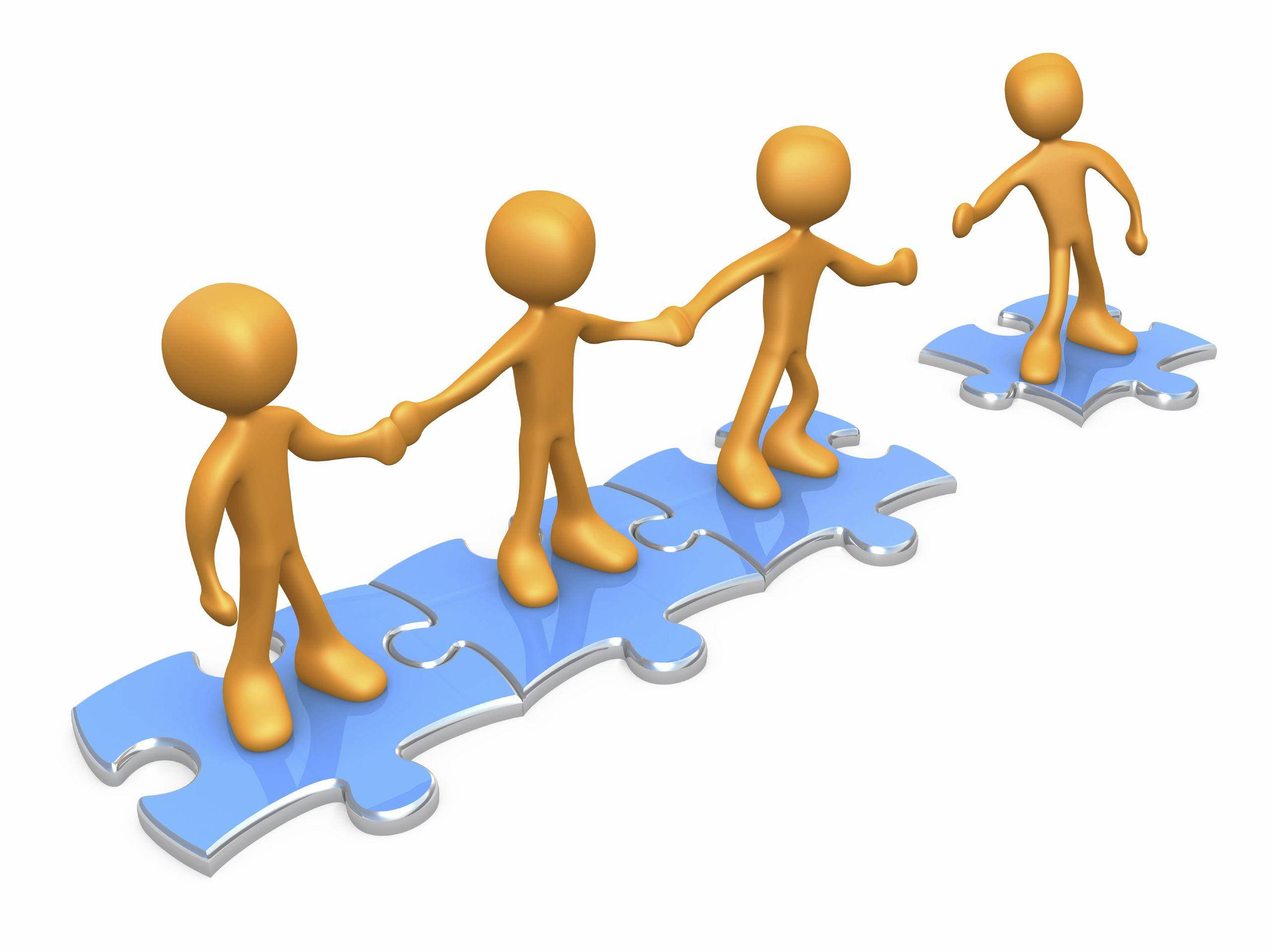 Teamwork, orange 3d figures, blue puzzle path, 2K Desktop Wallpaper